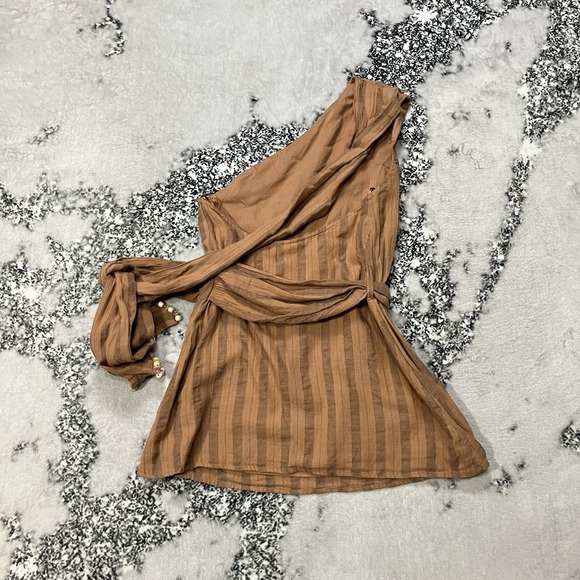 Zara One Shoulder Top NWT Striped Brown Tie Waist Beaded Sleeve Womens Sz XS - Picture 4 of 10